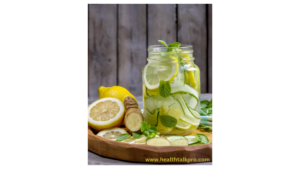 "Refreshing glass of detox water, filled with slices of lemon, lime, cucumber, and mint leaves, garnished with ice cubes and a sprig of fresh mint."